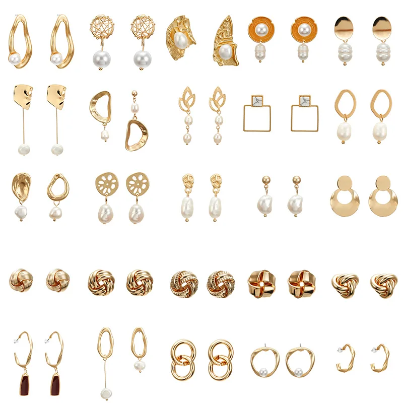 

Gold Earrings 585 Round Pearl Earrings Iirregular Geometric Stud Earring Metal Gift For Women Ear Jewelry
