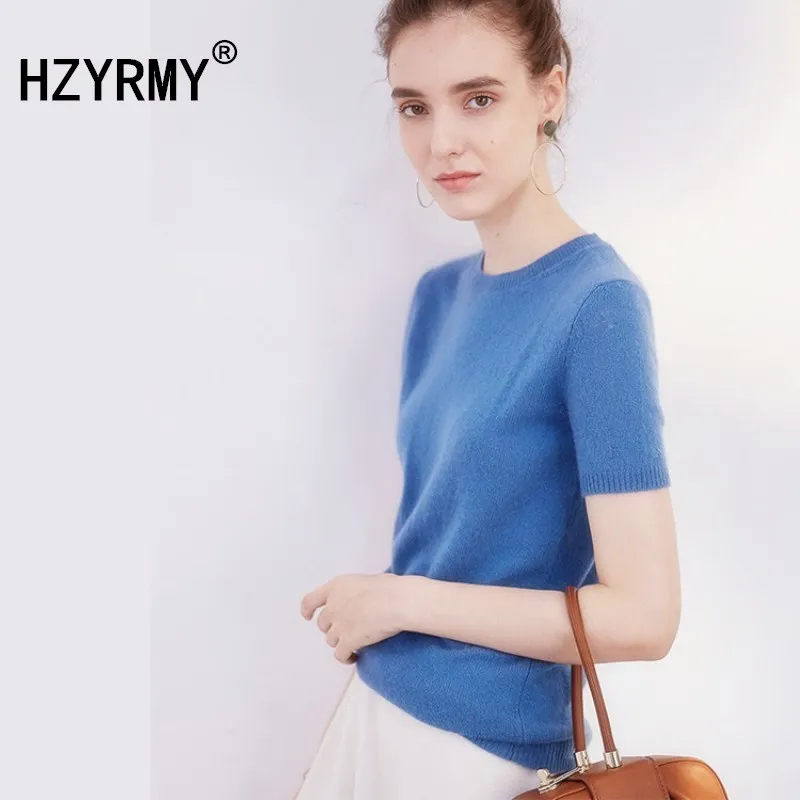 HZYRMY Spring Summer New Women's Wool knit half-sleeve bottoming shirt O-collar Solid color Loose Fashion soft Cashmere pullover