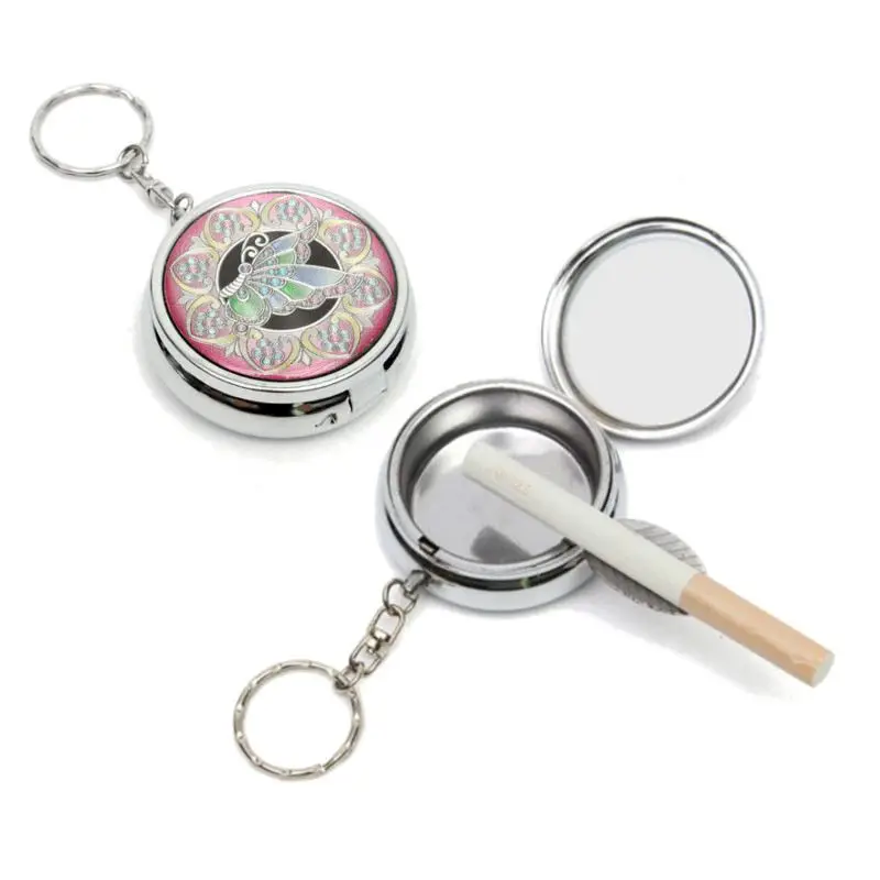 

Portable Mini Outdoors Stainless Steel Round Cigarette Ashtray Jewelry Box Storage Case Box With Keychain