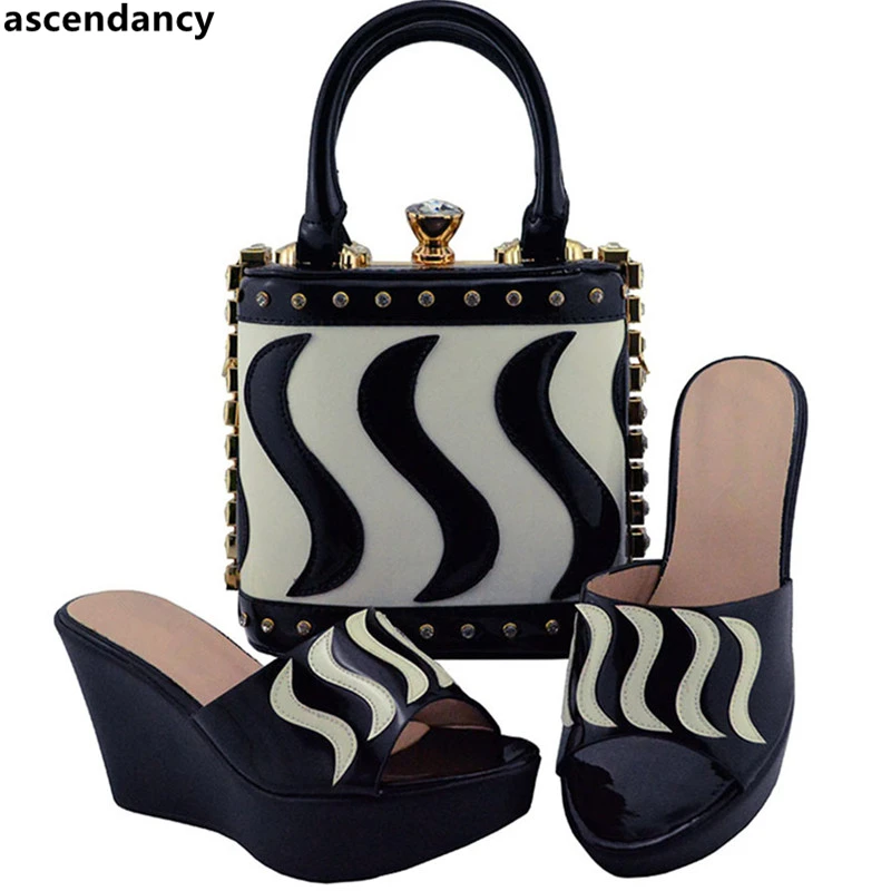 

Latest Fashion African Women Italian Shoes and Bag Set Nigerian Women Party Pumps Shoe and Purse Set Super High (8cm-up) Wedges