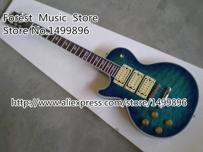 

Top Selling Left Handed White Suneye LP Blue Quilted Three Pickups Ace Frehley Electric Guitars China OEM In Stock