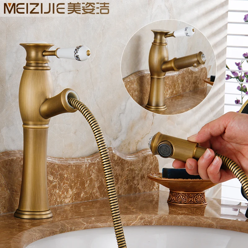 

Ancient-style pullable tuo faucet all-copper washbasin cold and hot water faucet Ancient bronze basin faucets tap