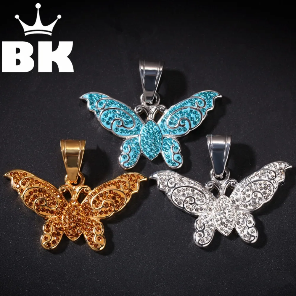 

THE BLING KING Custom Colorful butterfly Necklace Hip Hop Full Iced Out Cubic Zirconia gold sliver CZ Stone