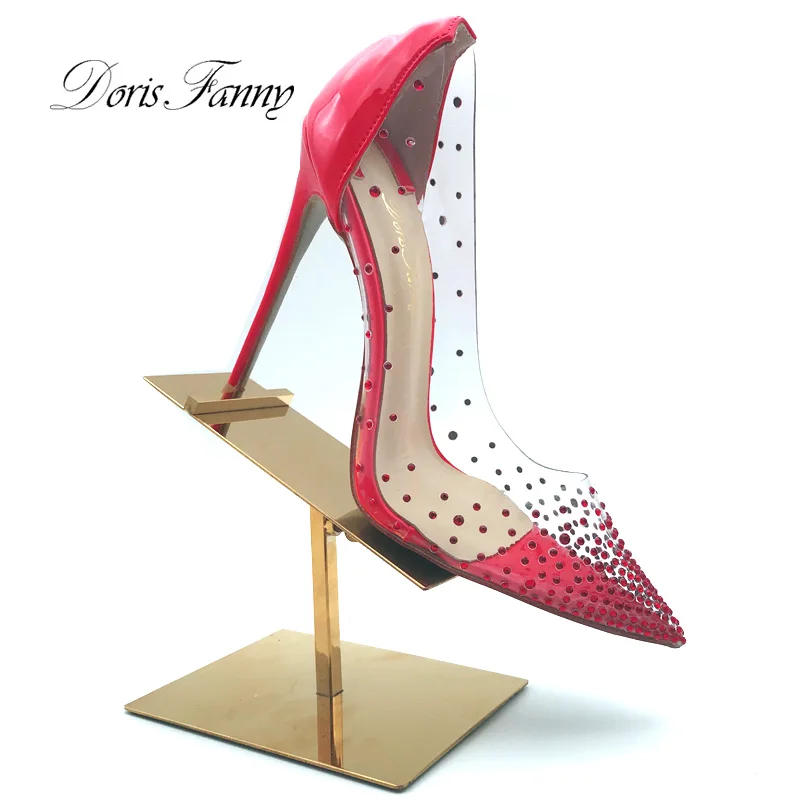 Doris Fanny/прозрачные стразы; женские свадебные туфли на высоком каблуке; красные туфли-лодочки; пикантные Туфли на каблуке из ПВХ