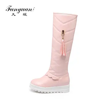 

Fanyuan Fashion Round Toe Knee High Boots Winter warm Plush Shoes Ladies Fringe Ruffles Long Boots Solid Platform Snow Boots