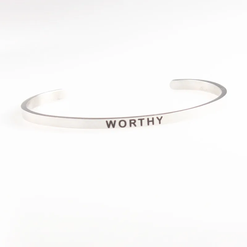 

DROP SHIPPING,WORTHY 316L Stainless Steel Bar Bangle Positive Inspirational Quote Cuff Mantra Bracelets FOR WOMEN