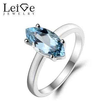 

Leige Jewelry Wedding Ring Natural Aquamarine Ring March Birthstone Solitaire Ring Marquise Cut Gems 925 Sterling Silver Ring