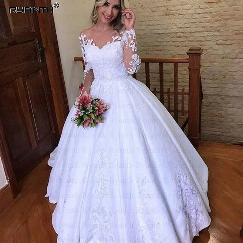 Ryanth Vestido De Noiva свадебное платье с длинными рукавами кружевное винтажное бальное платье Свадебные платья с аппликацией совок шеи платья невесты