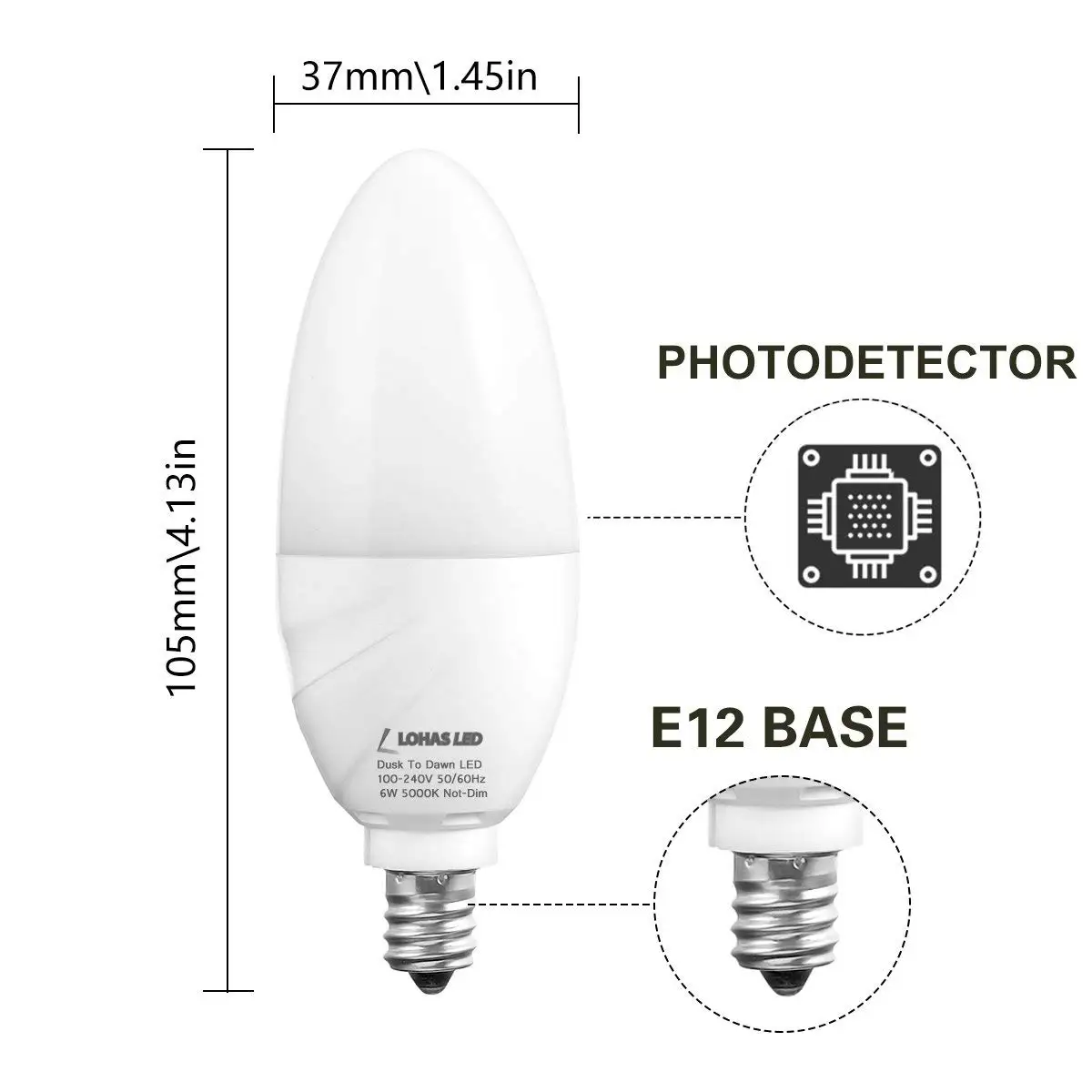 Светодиодный лампочки E12 Сенсор канделябры От заката до рассвета 6 Вт (60 W эквивалент) дневной белый 5000 K ночь светодиодная лампа Bulb-2Packs