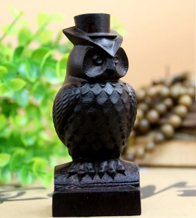 

Miniature Mr Owl with hat wood carving figurine home decoration 10x4.5x4.5cm