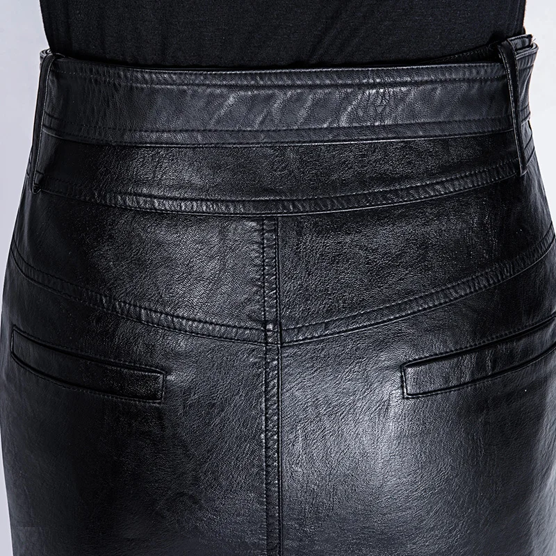 LXUNYI осень зима черная кожаная юбка для женщин до колена Высокая талия тонкий офис юбки карандаш модный пояс кожаные юбки сексуальные
