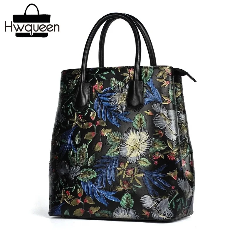

Vintage Cowskin Ladies Embossed Tote Bags Women's Cross Shoulder Bag Handmade Genuine Leather Female Top-handle Flower Handbag
