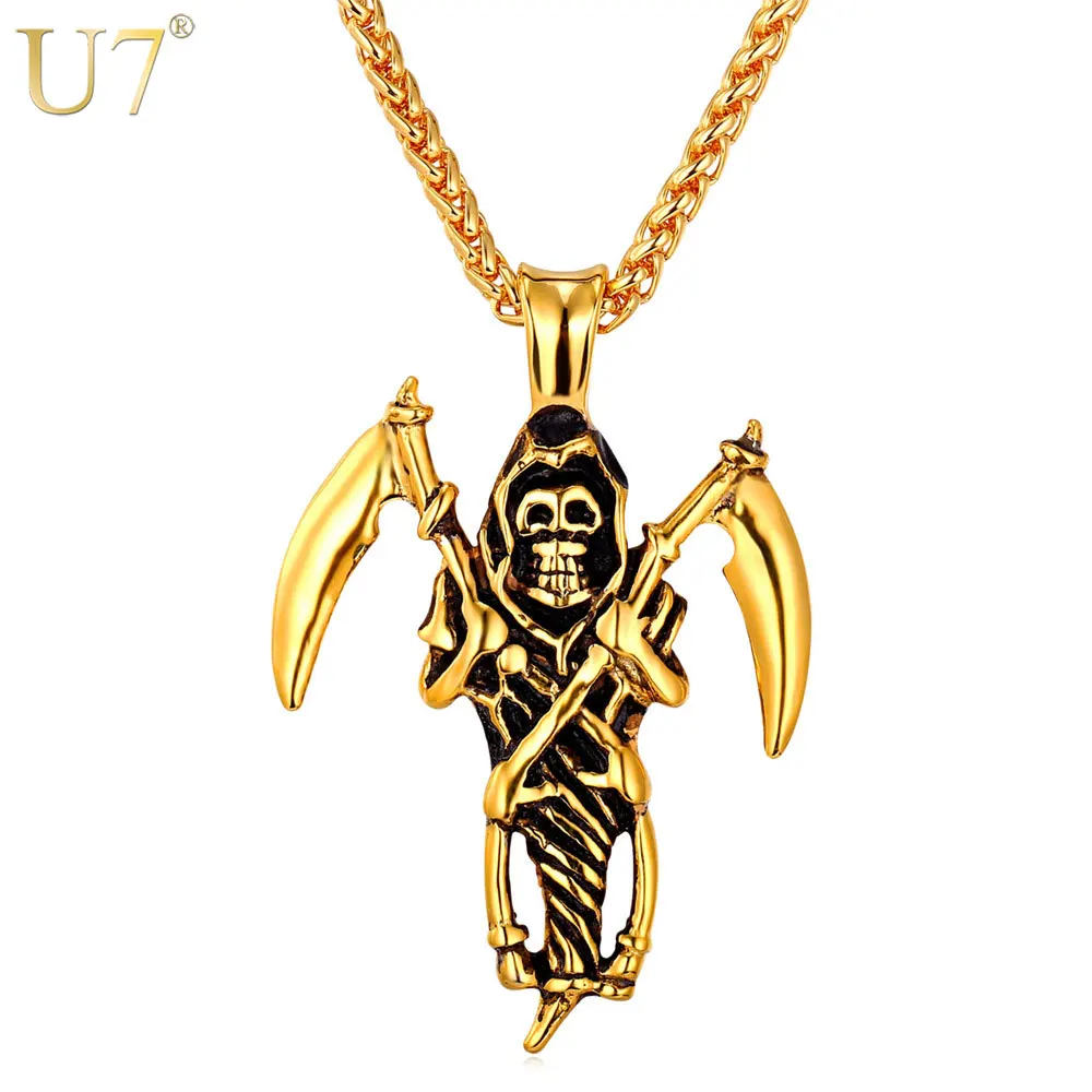 

U7 Gothic Necklace Skull Sword Gothic Occult Pendant Punk Gold Color Stainless Steel Chain Men Devil Satanic Jewelry P736