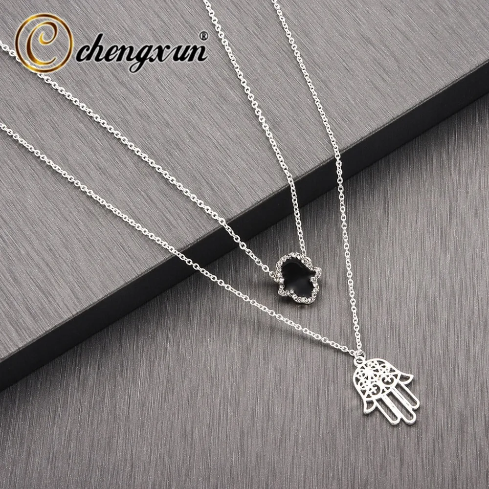 CHENGXUN черный кристалл Хамса полый Хан ожерелье Женская мода ювелирные изделия Уникальный стиль многослойное ожерелье друзья подарок