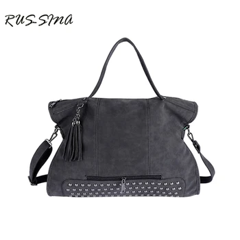 

RUSSMA Women Rivet PU Nubuck Leather Rock Handbag Large Capacity Travel Tote Moto Biker Solid Shoulder Bag Feminia YNS-TG-165