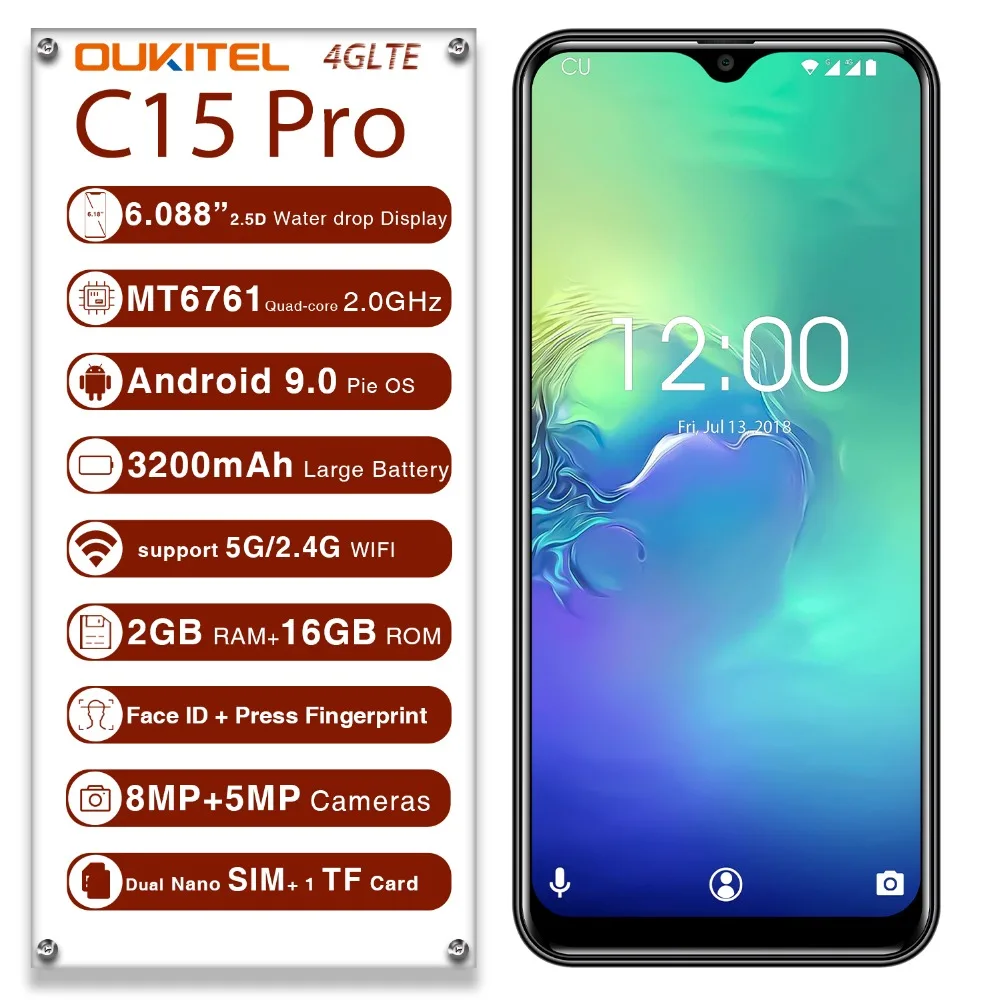 OUKITEL C15 Pro 2GB 16GB Android 9.0 MT6761 Mobile Phone Water Drop Screen Smartphone 4G LTE  2.4G/5G WiFi Fingerprint Face ID
