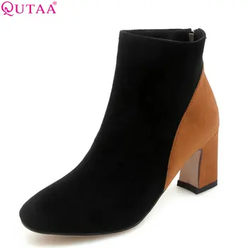 

QUTAA 2019 Flock Women Ankle Boots Zipper All Match Mixd Color Winter Shoes Square High Heel Platform Women Shoes Size 34-43