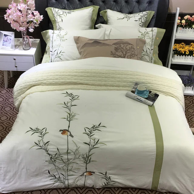 White Green Chinese Embroidery Luxury Bedding Set Double King Queen White Green Chinese Embroidery Luxury Bedding Set Double King Queen Size Bed 4pcs 100