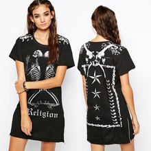 Cool Punk Style Skull Print Women Casual Club Dresses 2016 Fashion Short Sleeve Zipper Split Summer T Shirt Dress