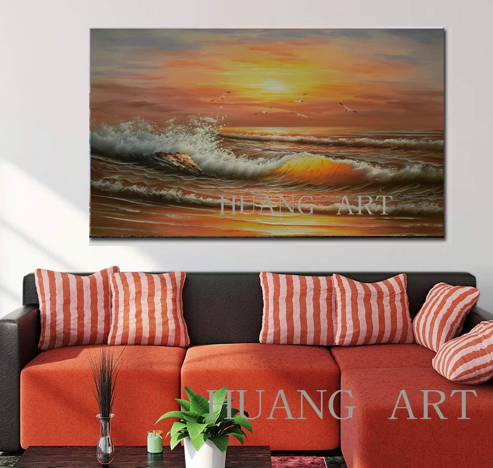 رسمت باليد النفط اللوحة ، قماش ، موجات الطيور البحرية ، اللوحة الصخور الديكور في المغيب فندق كنبة مكتب دراسة نادي اللوبي bedroo