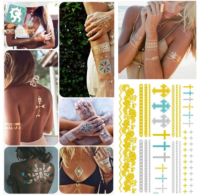 

VT339/New 2015 temporary gold cross bracelet tattoos metal foil gold and sliver flash tattoo meallic