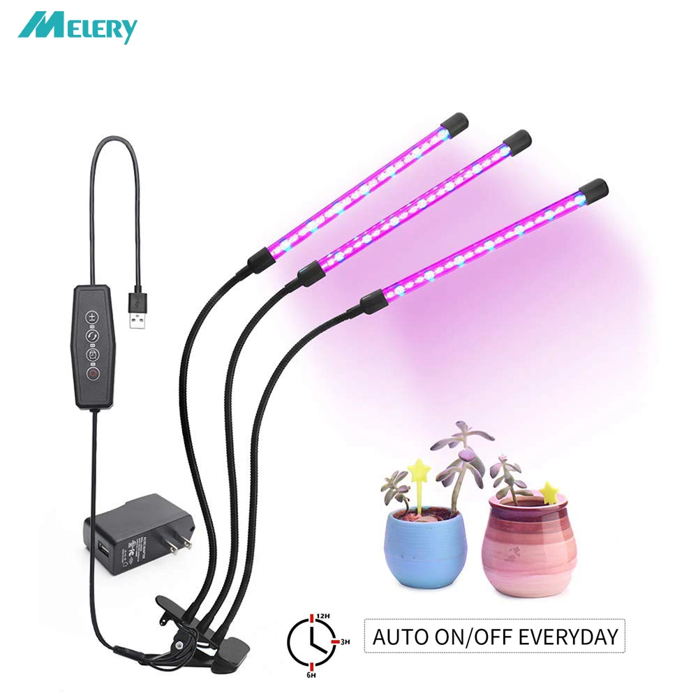 

USB Plant Grow Light 27W Auto On/Off Red/Blue Spectrum 3 Tube Head Divide Control Adjustable Gooseneck,3/6/12H Timer 6 Dimmable