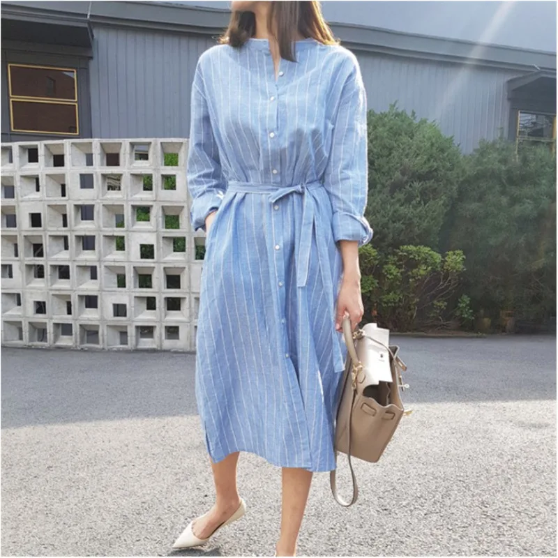 

[EWQ]2019 Autumn New Korean Fashion Clothing Long Fashion Women Long-sleeved Stand Collar Shirt Dress Loose Casual Dress QJ995