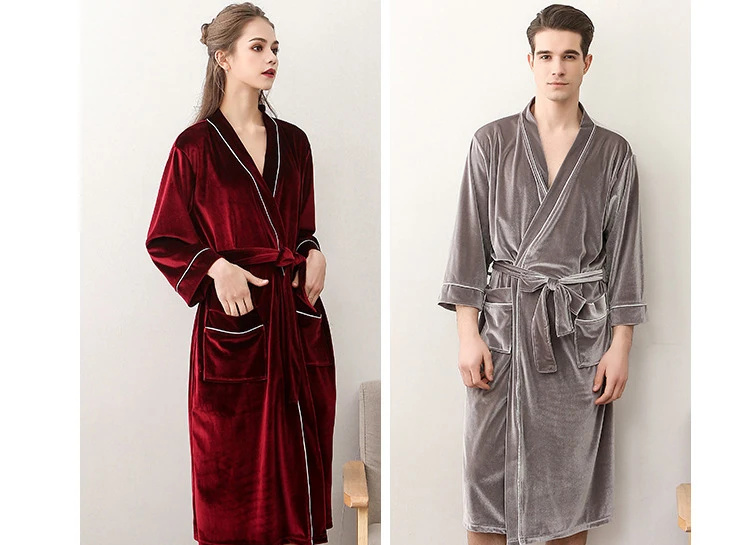 Men Women's Sleep Lounge Robes Gold Velvet Autumn Nightgrowns Couple Robe Bathrobe Male Female Dressing Gown Lounge Homewear 4