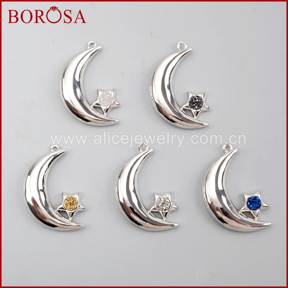 BOROSA Drusy Jewelry 6PCS Silver Color Moon Shape Star Round Druzy Charm Crescent Pendant for Women WX965 | Украшения и