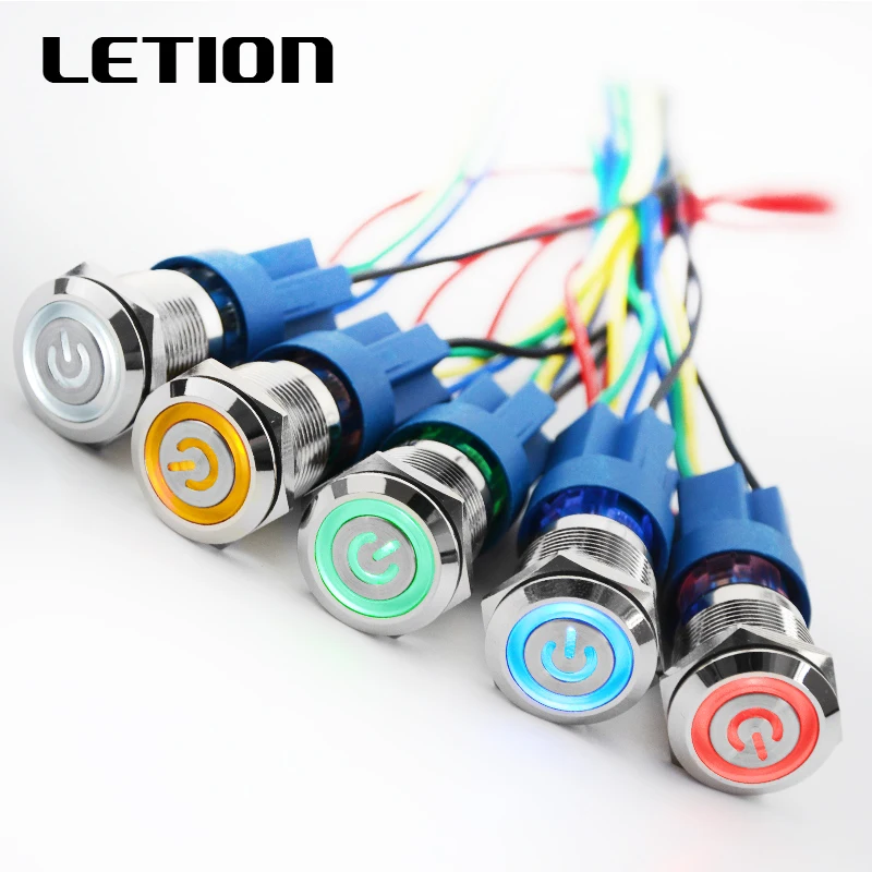 

1PC 16mm Latching Waterproof Metal Push Button Switch LED light 3V 6V 12V 24V 36V 48V 110V 220V Red Blue Green Yellow White