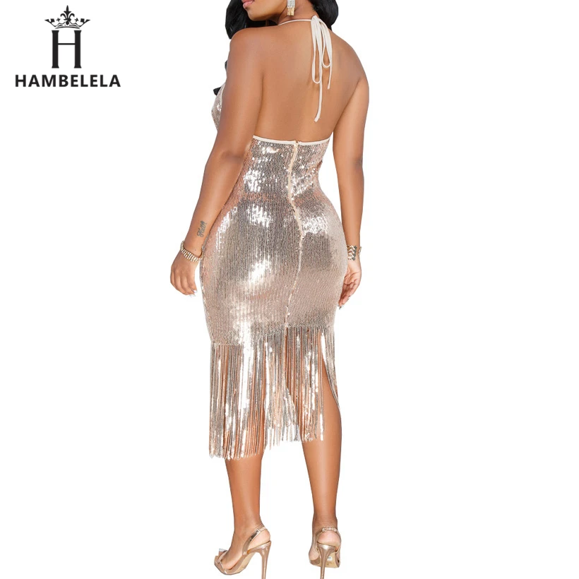 HAMBELELA Elegant Elegant Evening Party Dresses 2019 Summer Halter Off Shoulder Deep V Tassel Bodycon Dress Sexy Sequined Women (1)