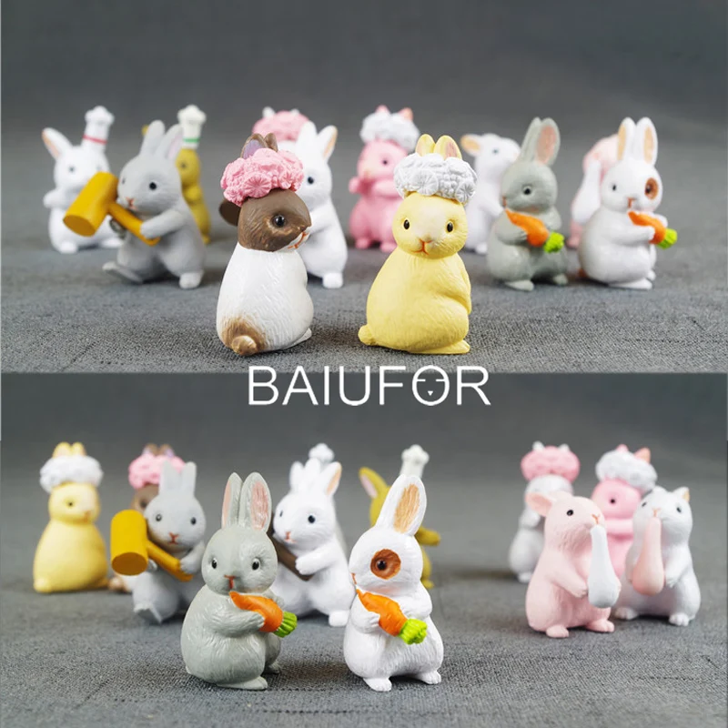 BAIUFOR 6pcs Forest Animals Cartoon Rabbit family Action Figures Fairy Garden Miniatures Terrarium Figurines Children Toys