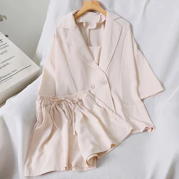 

Ladies Vest +Coat +Shorts 3 Pcs Suit Pure Color Elastic Waist Shorts V-neck Outfits For Women 2020 Summer Casual Female Clothes
