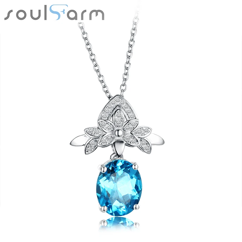 

Natural blue topaz Necklaces woman Luxury Real Pure 925 Silver Pendant Fine Jewelry Trendy Neclace Pendant party woman Necklace