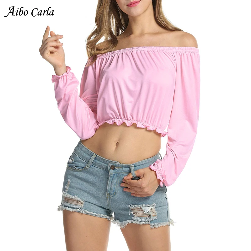Sexy Off Shoulder Womens Tops And Blouses Ruffles Backless Long Sleeve Women 2018 Summer Blouse Crop Top |