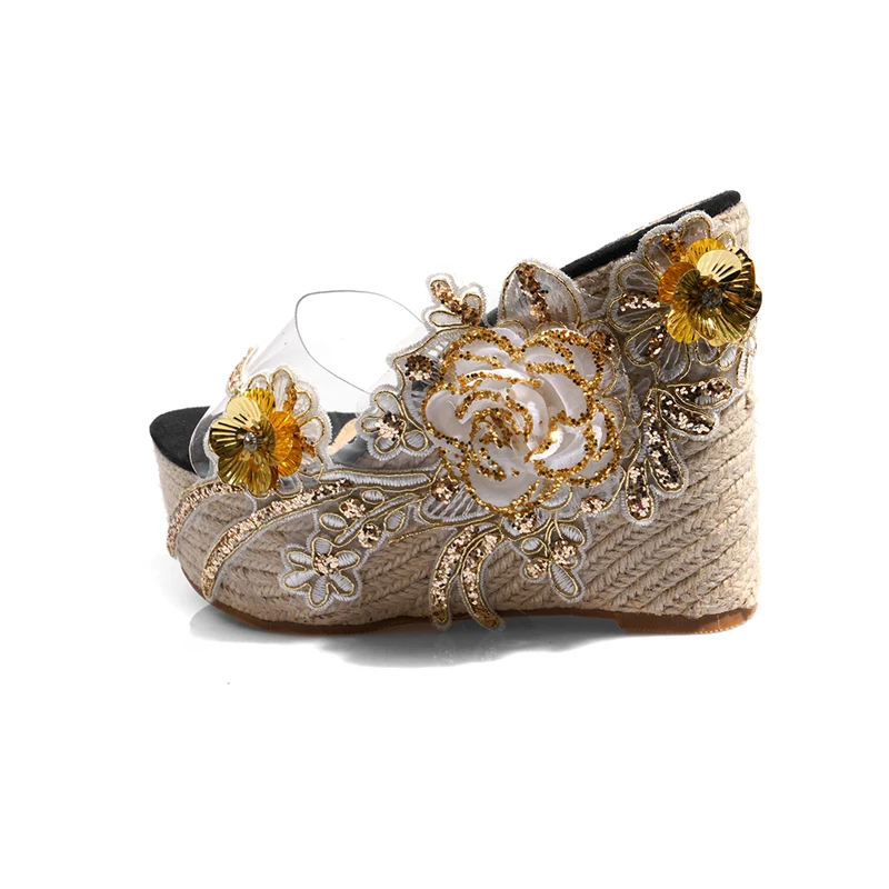 

Women Slippers Summer Beaded Flowers Platform Wedges Heels Bohemian Shoes Leisure Ladies Slippers And Sandals Women Wedge Shoes