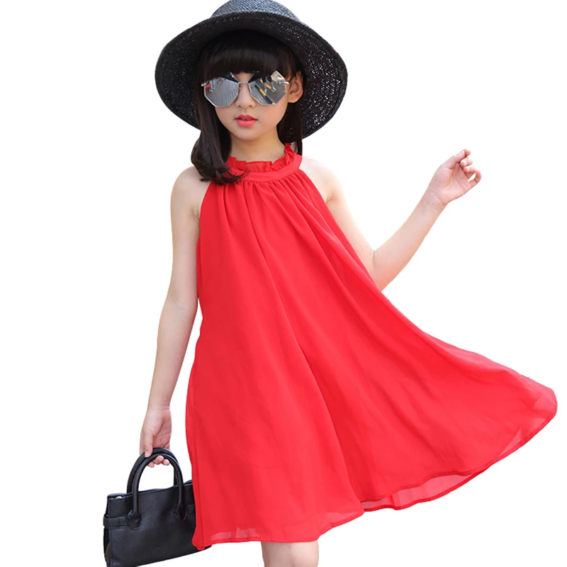 Черные шифоновые платья без рукавов для детей от 3 до 14 лет, летняя одежда для маленьких девочек корейское элегантное простое свободное пляжное платье для маленьких девочек