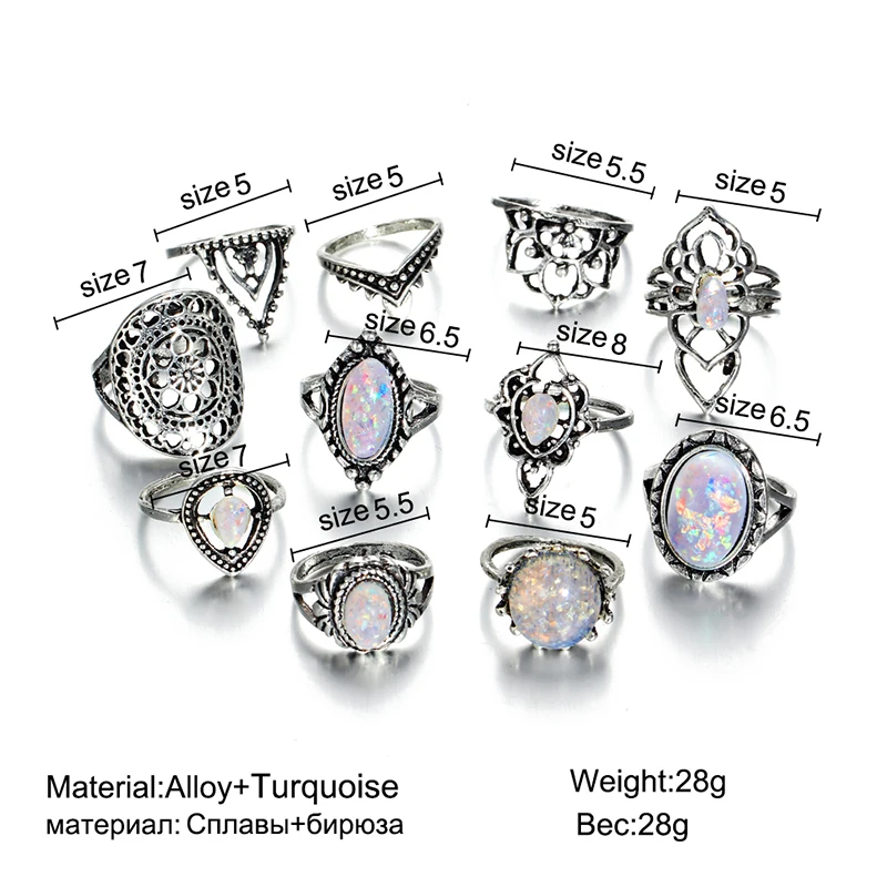 IF YOU Vintage Stone Opal Rings Set Bohemian Geometric Antique Silver Color Knuckle Shield Rings For Women Jewelry