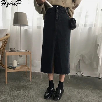 

Hzirip New 2019 Spring Summer Pockets Zipper High Waist Mid-Calf Slim Solid Denim Casual Sexy Split Plus Size Office Lady