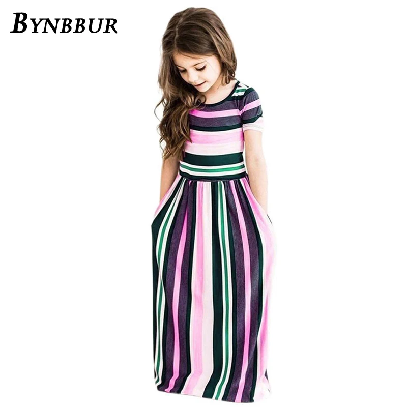 Bynbbur Striped Long Dress Girls With Pockets Party Dress O Neck Soft Cute Baby Kid Girl Maxi Dress 2019 Summer New