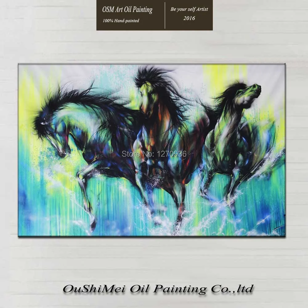 

Wall Artwork Abstract Three Blue Horses Running Pure Hand-painted Animal Equine Canvas Oil painting Christmas Unique Decor Paint
