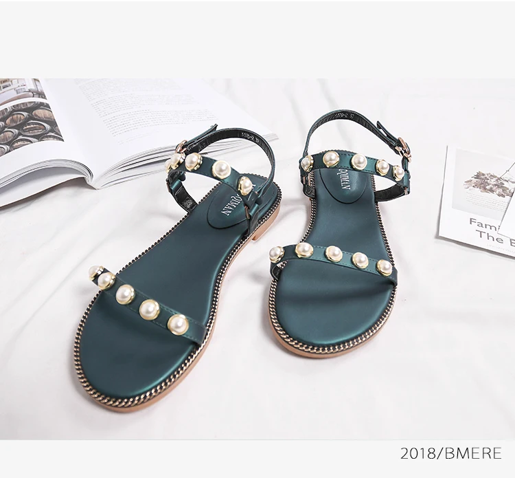 Koovan/женские сандалии г., удобные пляжные сандалии с жемчугом, летние сандалии с открытым носком, Студенческая обувь на плоской подошве в римском стиле, женская обувь с мягкой подошвой