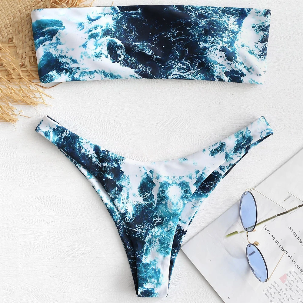 

Women Abstract Bandeau Bikini Set High Cut Strapless Bikini Padded Swimwear Women Swimsuit Brazilian Beach Wear Suit Biquini