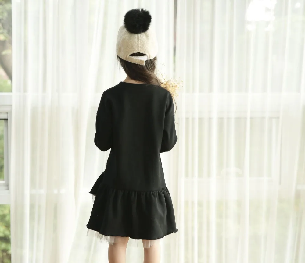new 2018 mesh patchwork teenage girls long sleeve dresses for kids autumn winter black ruffles sweatshirt dress children clothes (11)