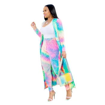 

New Women Two Piece Outfits Set Tie-dye Printed Long Cardigans Long Sleeve Coat and Skinny Long Pants Elegant Overalls Set
