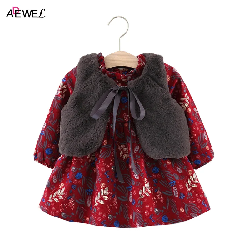 

ADEWEL New Baby Girls Clothes Warm Shawl Flower Dress 2pcs Newborn Princess Clothing Spring Autumn Infant Girls Birthday Dresses