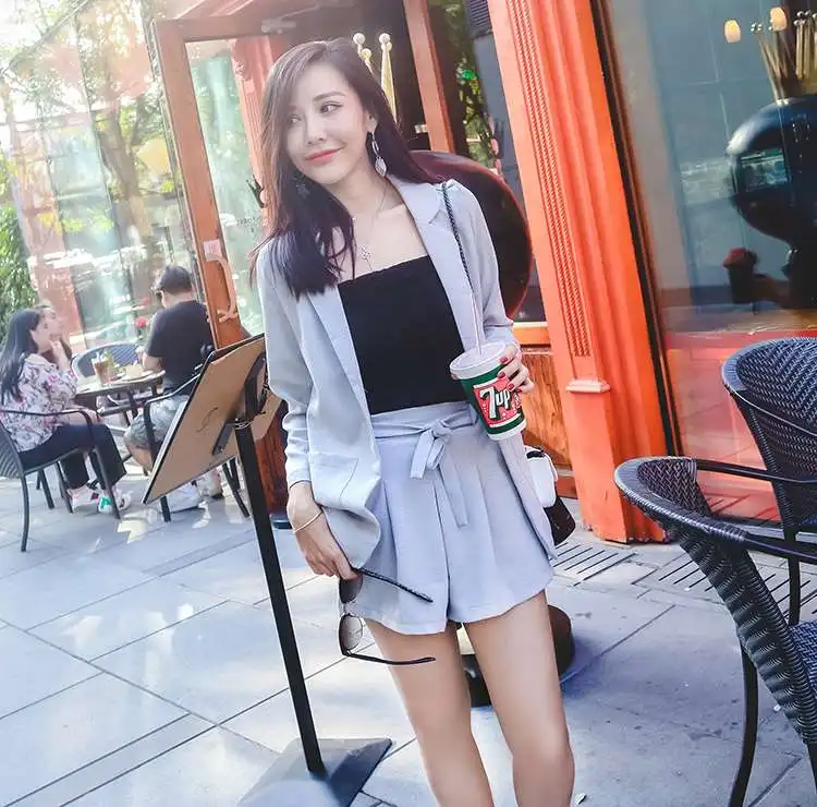 2018 Spring Summer South Korean Loose Cotton And Linen Lace Suit Waist Fashion Shorts Pant Two Pcs Suits Light Grey Femmes