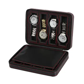 

8 Slot Portable Black Carbon Fiber PU Leather Watch Zipper Storage Travel Outdoor Jewlery Watch Box Bag Personalized Container