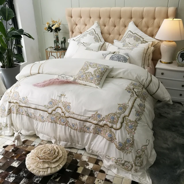 Luxury European White Embroidery Bedding Set 4 6pcs Queen King Size Luxury European White Embroidery Bedding Set 4 6pcs Queen King Size Sanding Egyptian Cotton Duvet