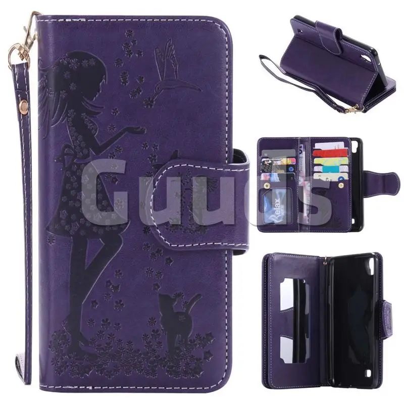 Embossing Cat Girl 9 Card Leather Wallet Case for LG X Power LS755 K220DS K220 US610 K450 - Purple